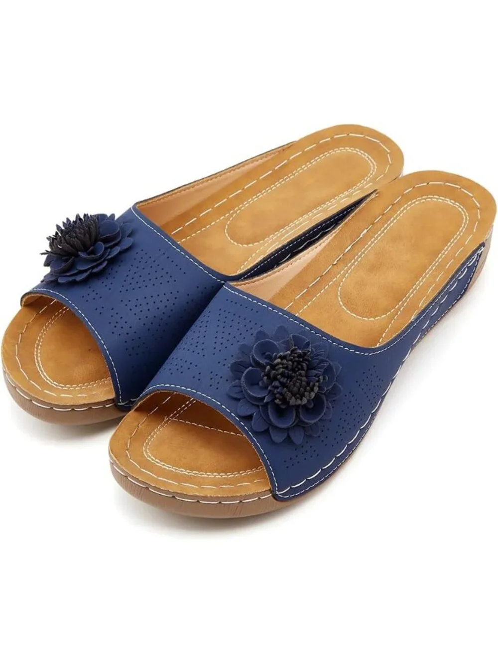 Women's Blue Faux Leather Summer Wedge Low Open Toe Slides Dressy Flower Sandals